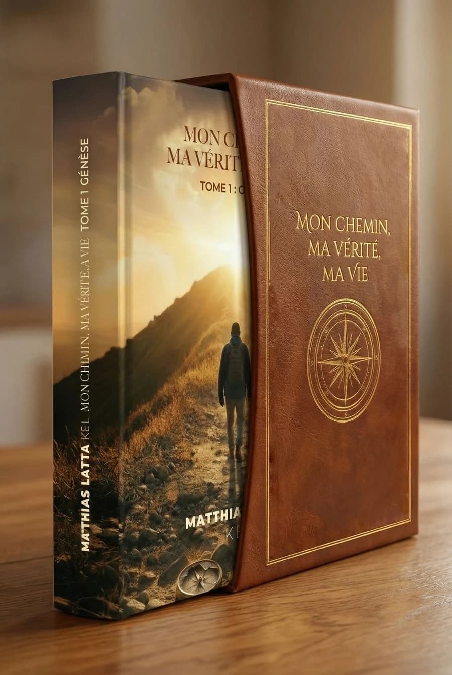 Le livre Genèse glissé dans son coffret brun orné d'une boussole dorée