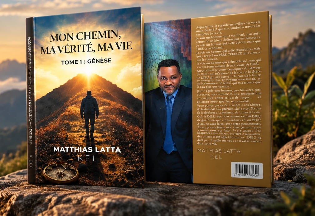 Le livre Mon Chemin, Ma Vérité, Ma Vie — Tome 1 : Genèse, présenté recto verso sur un rocher face à un lever de soleil en montagne